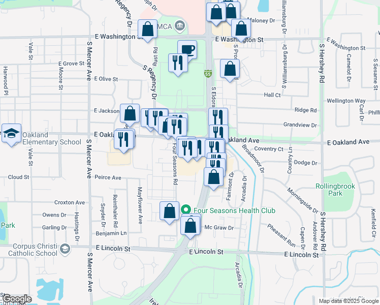 map of restaurants, bars, coffee shops, grocery stores, and more near 2507 East Oakland Avenue in Bloomington