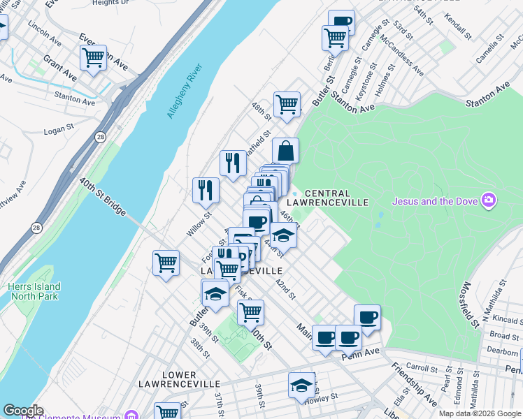 map of restaurants, bars, coffee shops, grocery stores, and more near in Pittsburgh