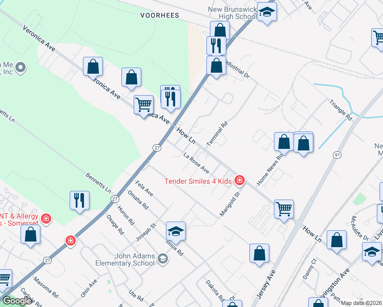 map of restaurants, bars, coffee shops, grocery stores, and more near 1211 Delaware Drive in North Brunswick Township