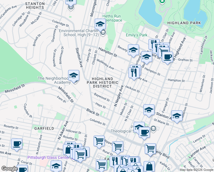 map of restaurants, bars, coffee shops, grocery stores, and more near 5518 Jackson Street in Pittsburgh