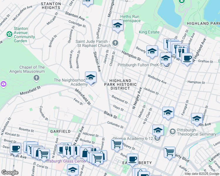 map of restaurants, bars, coffee shops, grocery stores, and more near 5400 Stanton Avenue in Pittsburgh