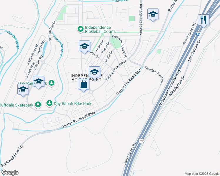 map of restaurants, bars, coffee shops, grocery stores, and more near 15344 Oriskany Lane in Bluffdale
