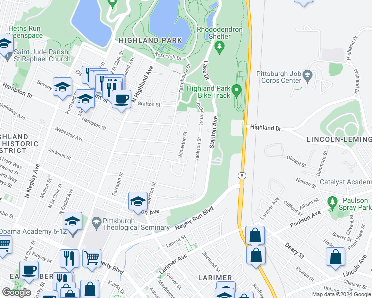 map of restaurants, bars, coffee shops, grocery stores, and more near 1103 Winterton Street in Pittsburgh