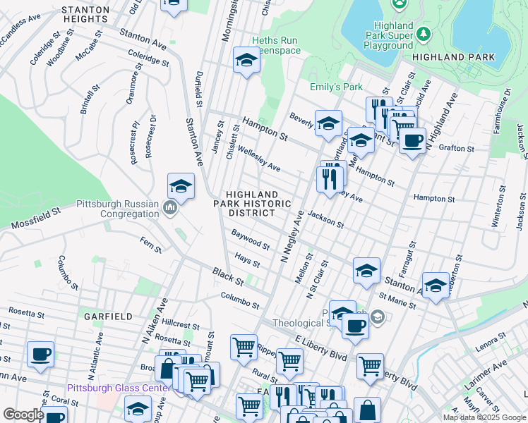 map of restaurants, bars, coffee shops, grocery stores, and more near 5518 Jackson Street in Pittsburgh
