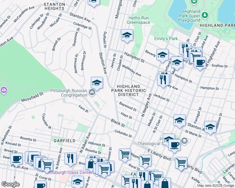 map of restaurants, bars, coffee shops, grocery stores, and more near 5400 Stanton Avenue in Pittsburgh