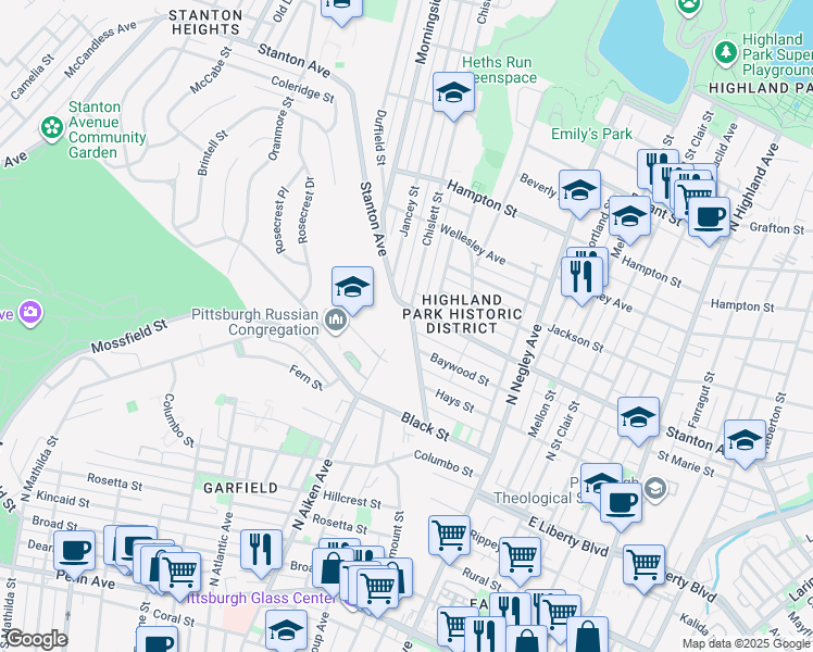 map of restaurants, bars, coffee shops, grocery stores, and more near 5400 Stanton Avenue in Pittsburgh
