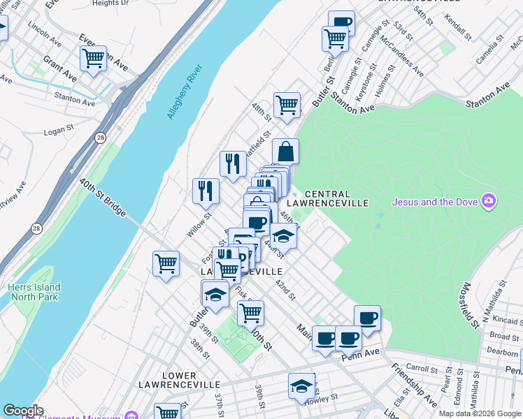 map of restaurants, bars, coffee shops, grocery stores, and more near in Pittsburgh