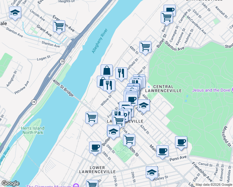 map of restaurants, bars, coffee shops, grocery stores, and more near 132 44th Street in Pittsburgh