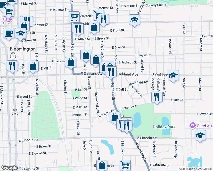 map of restaurants, bars, coffee shops, grocery stores, and more near 613 South Mc Clun Street in Bloomington