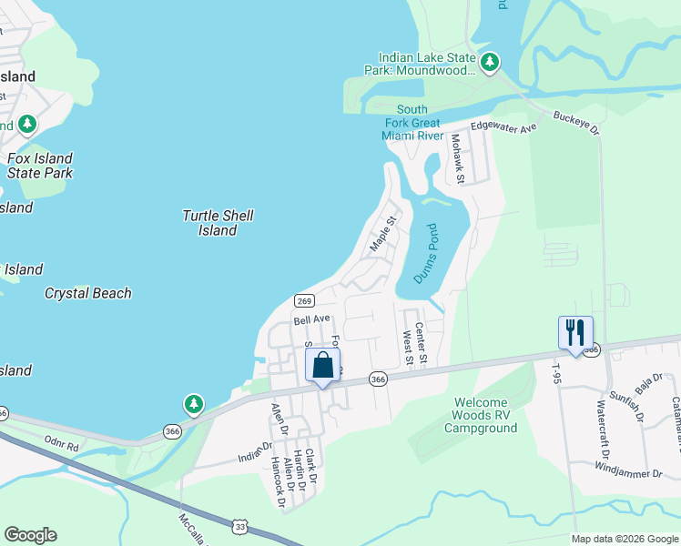 map of restaurants, bars, coffee shops, grocery stores, and more near 7685 Township Road 269 in Russells Point