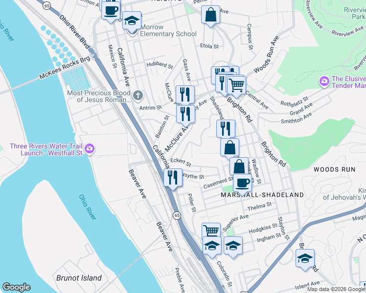map of restaurants, bars, coffee shops, grocery stores, and more near 3158 Lecky Avenue in Pittsburgh