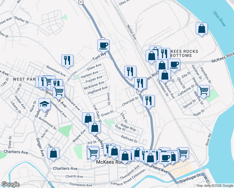 map of restaurants, bars, coffee shops, grocery stores, and more near 749 Frederick Street in McKees Rocks