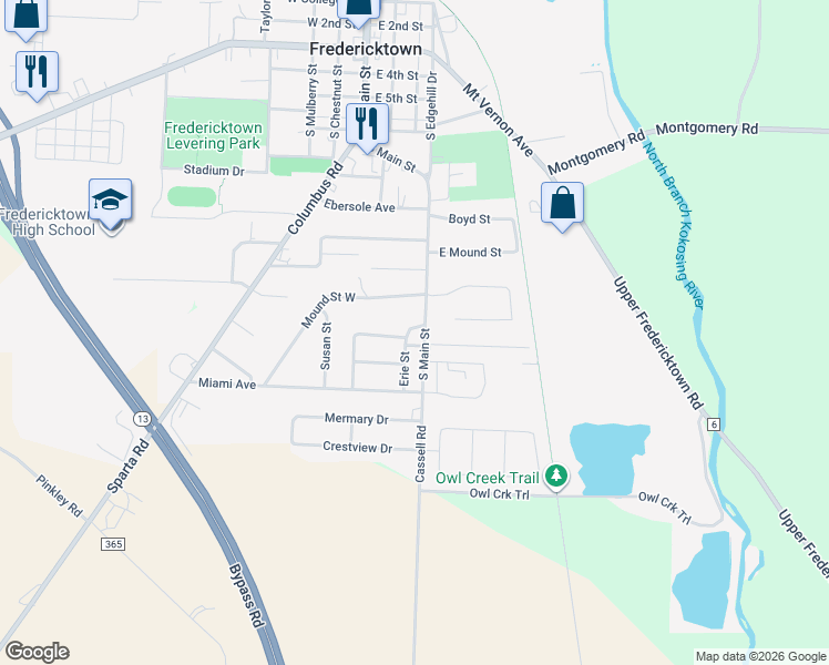 map of restaurants, bars, coffee shops, grocery stores, and more near 173 South Main Street in Fredericktown