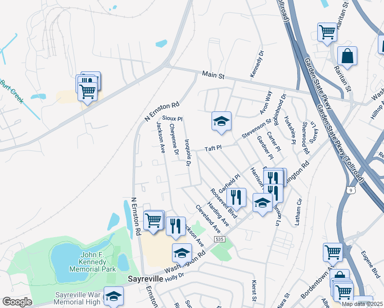 map of restaurants, bars, coffee shops, grocery stores, and more near 24 Iroquois Drive in Sayreville