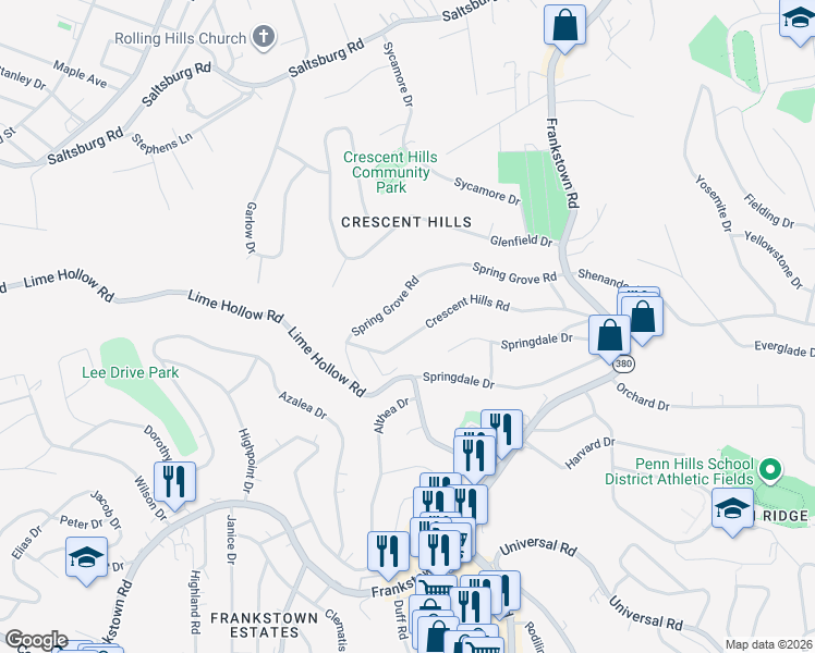 map of restaurants, bars, coffee shops, grocery stores, and more near 159 Spring Grove Road in Pittsburgh