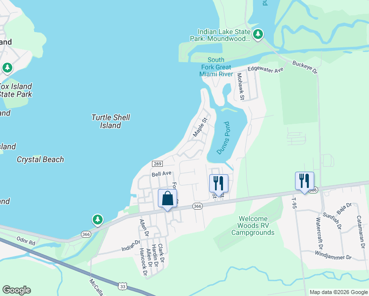 map of restaurants, bars, coffee shops, grocery stores, and more near 7685 Township Road 269 in Russells Point