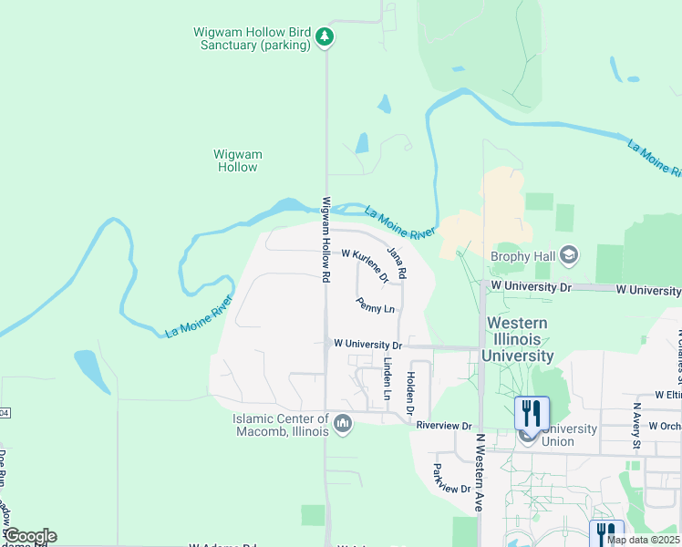 map of restaurants, bars, coffee shops, grocery stores, and more near 1001 Wigwam Hollow Road in Macomb
