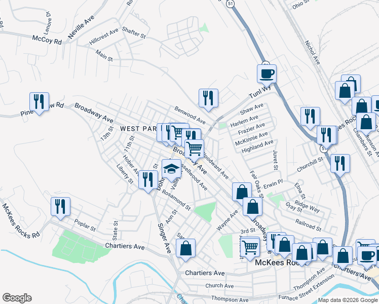 map of restaurants, bars, coffee shops, grocery stores, and more near 705 Woodward Avenue in McKees Rocks