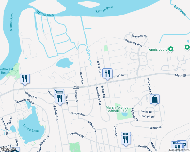 map of restaurants, bars, coffee shops, grocery stores, and more near 85 Standiford Avenue in Sayreville
