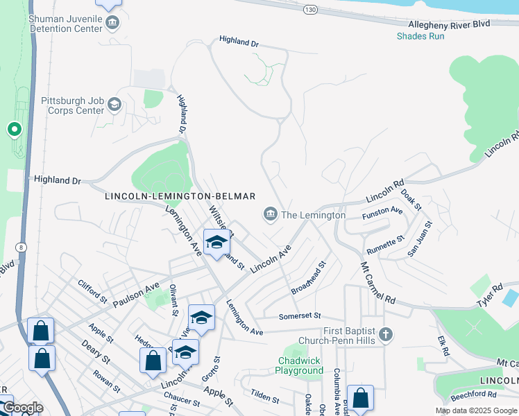 map of restaurants, bars, coffee shops, grocery stores, and more near 1621 Lincoln Avenue in Pittsburgh