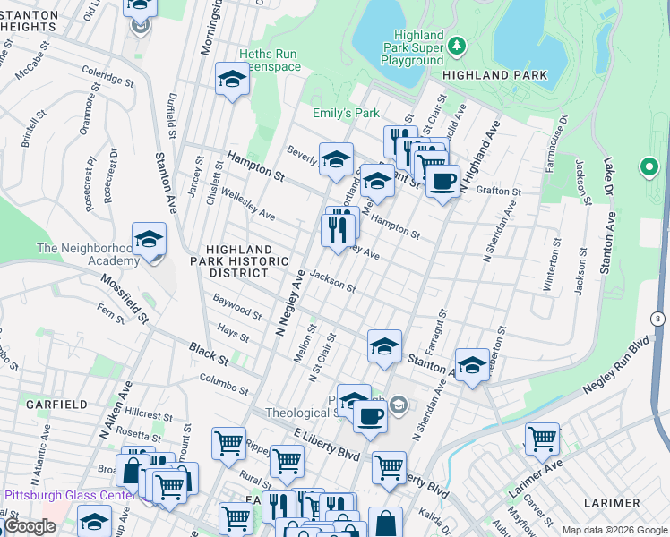 map of restaurants, bars, coffee shops, grocery stores, and more near 914 Portland Street in Pittsburgh
