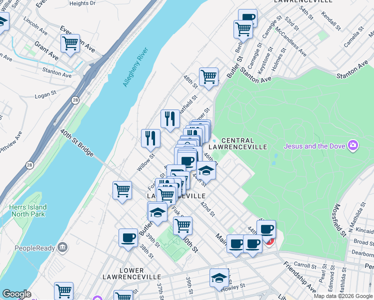map of restaurants, bars, coffee shops, grocery stores, and more near in ARSENAL