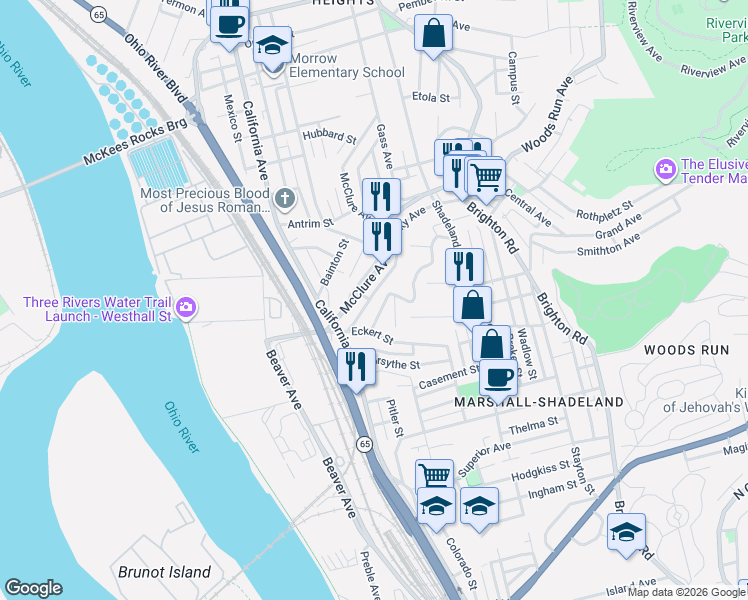 map of restaurants, bars, coffee shops, grocery stores, and more near 3158 Lecky Avenue in Pittsburgh