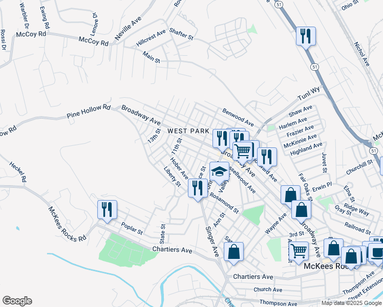 map of restaurants, bars, coffee shops, grocery stores, and more near 915 Russellwood Avenue in McKees Rocks
