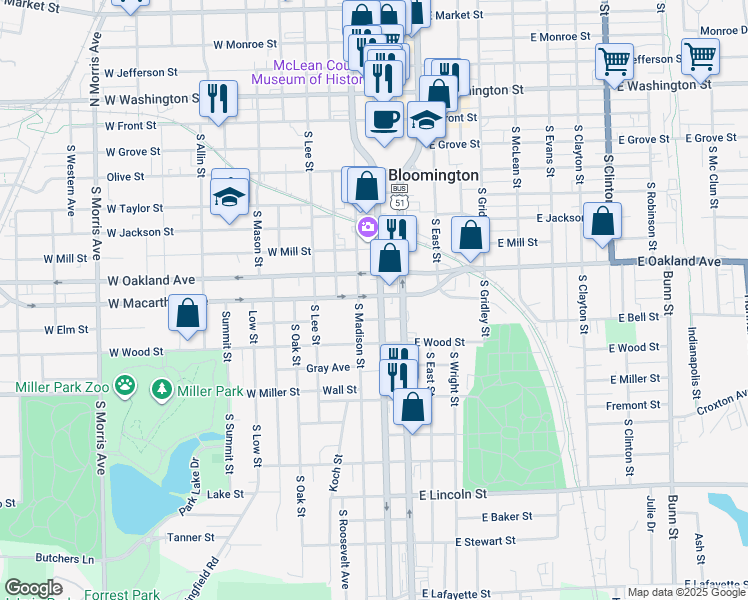 map of restaurants, bars, coffee shops, grocery stores, and more near 610 South Madison Street in Bloomington