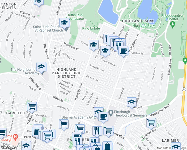 map of restaurants, bars, coffee shops, grocery stores, and more near 915 Mellon Street in Pittsburgh