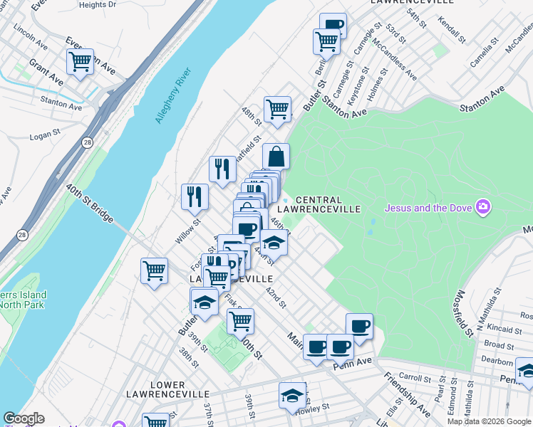 map of restaurants, bars, coffee shops, grocery stores, and more near Butler St & 46th St in Pittsburgh