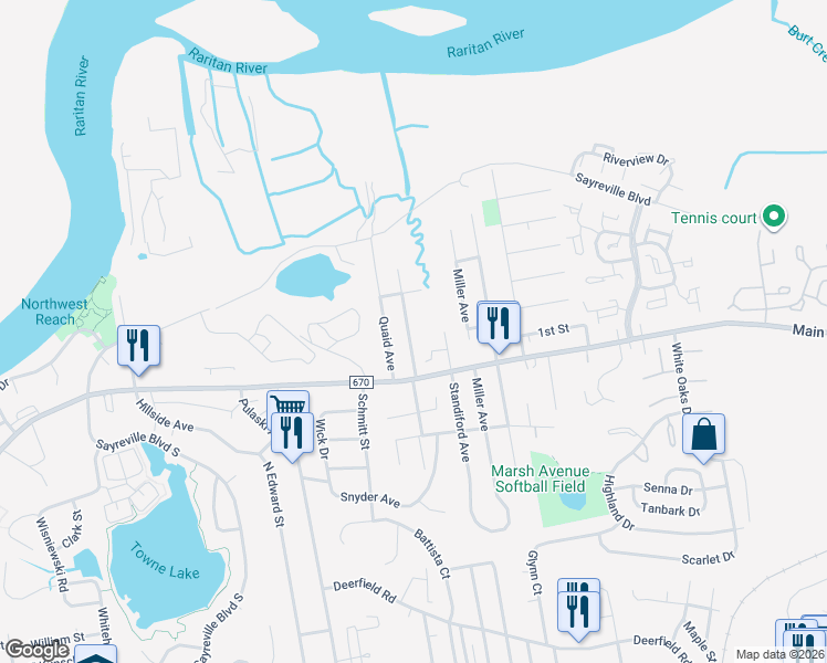 map of restaurants, bars, coffee shops, grocery stores, and more near 33 Brookside Avenue in Sayreville