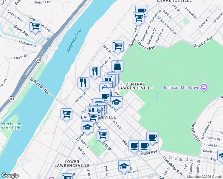 map of restaurants, bars, coffee shops, grocery stores, and more near 4521 Butler Street in Pittsburgh