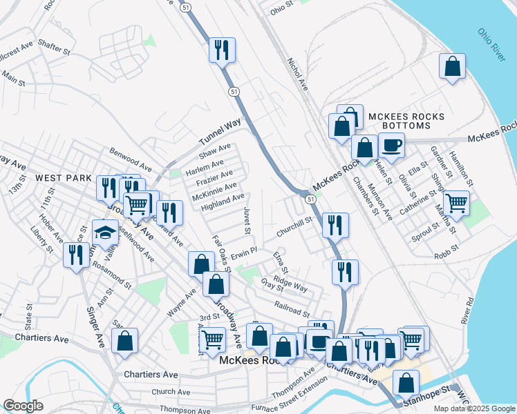 map of restaurants, bars, coffee shops, grocery stores, and more near 749 Frederick Street in McKees Rocks