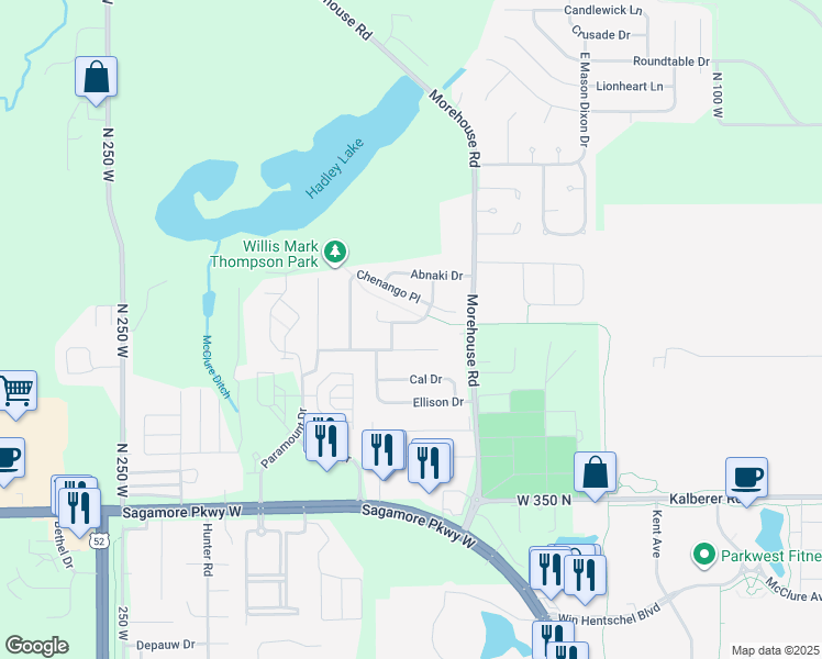 map of restaurants, bars, coffee shops, grocery stores, and more near 1917 Abnaki Way in West Lafayette