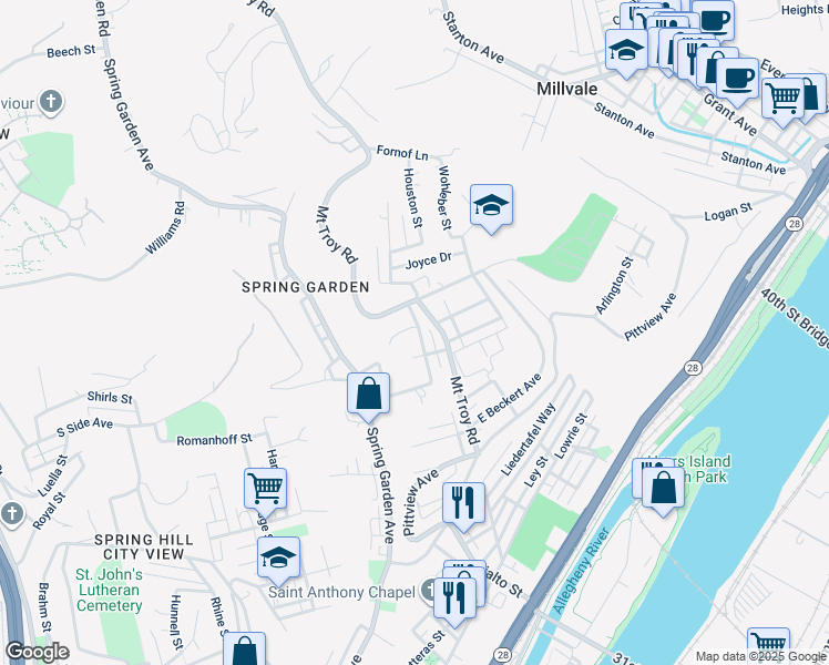map of restaurants, bars, coffee shops, grocery stores, and more near 2421 Cronemeyer Avenue in Pittsburgh