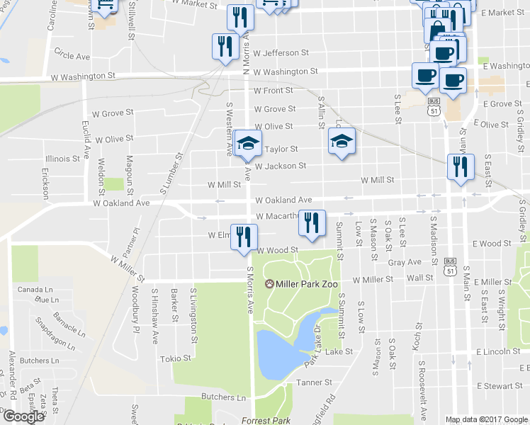 map of restaurants, bars, coffee shops, grocery stores, and more near 939 West Macarthur Avenue in Bloomington