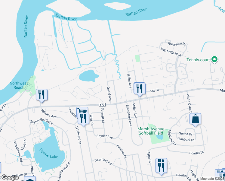 map of restaurants, bars, coffee shops, grocery stores, and more near 33 Brookside Avenue in Sayreville