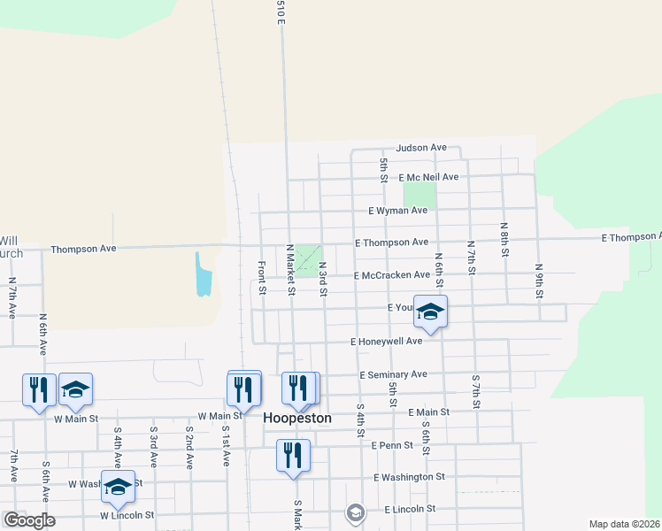 map of restaurants, bars, coffee shops, grocery stores, and more near 498 North 4th Street in Hoopeston