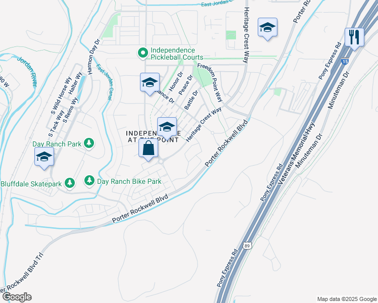 map of restaurants, bars, coffee shops, grocery stores, and more near 15333 Heritage Crest Way in Bluffdale