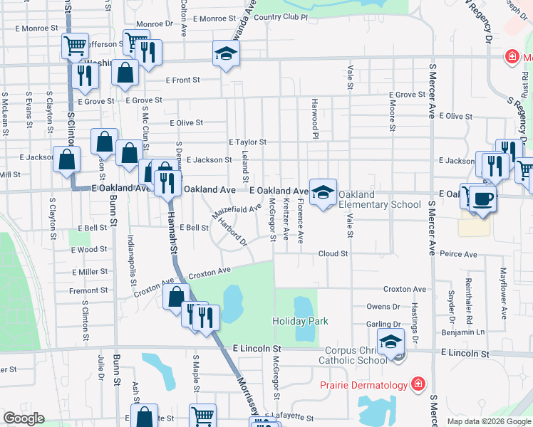 map of restaurants, bars, coffee shops, grocery stores, and more near 513 McGregor Street in Bloomington