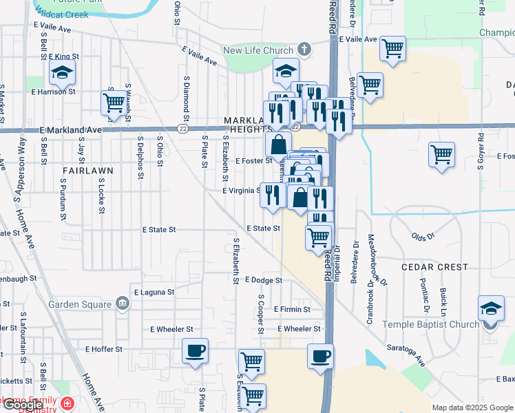 map of restaurants, bars, coffee shops, grocery stores, and more near 1216 South Cooper Street in Kokomo