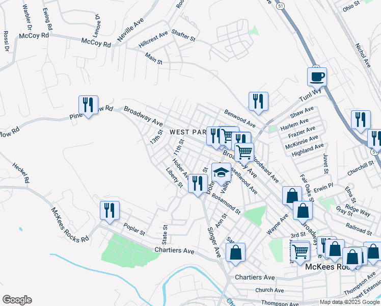 map of restaurants, bars, coffee shops, grocery stores, and more near 915 Russellwood Avenue in McKees Rocks
