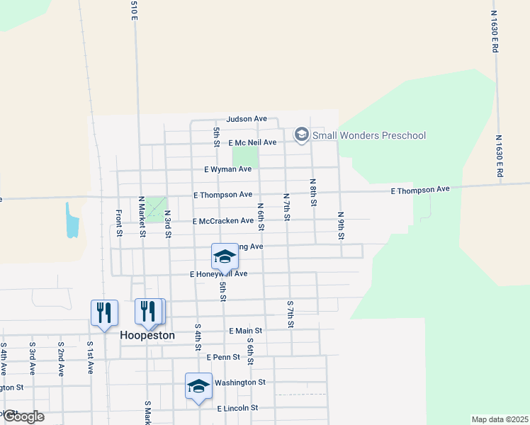 map of restaurants, bars, coffee shops, grocery stores, and more near 512 North 6th Street in Hoopeston