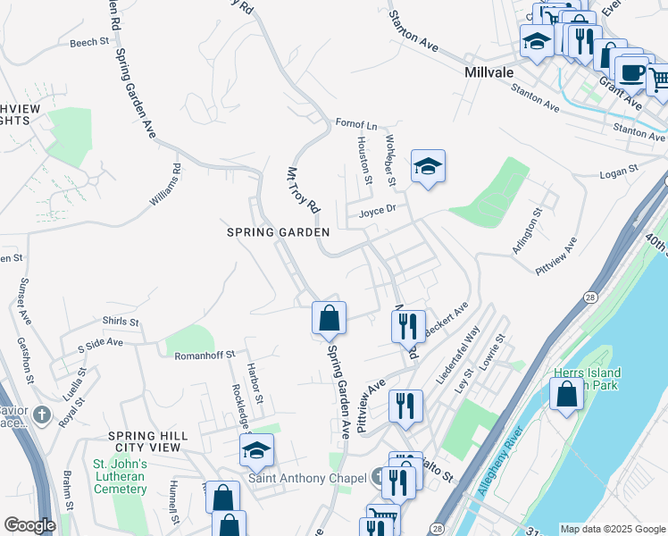 map of restaurants, bars, coffee shops, grocery stores, and more near 2653 Mount Troy Road in Pittsburgh