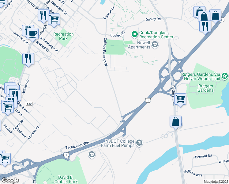map of restaurants, bars, coffee shops, grocery stores, and more near Ag Extension Way in New Brunswick