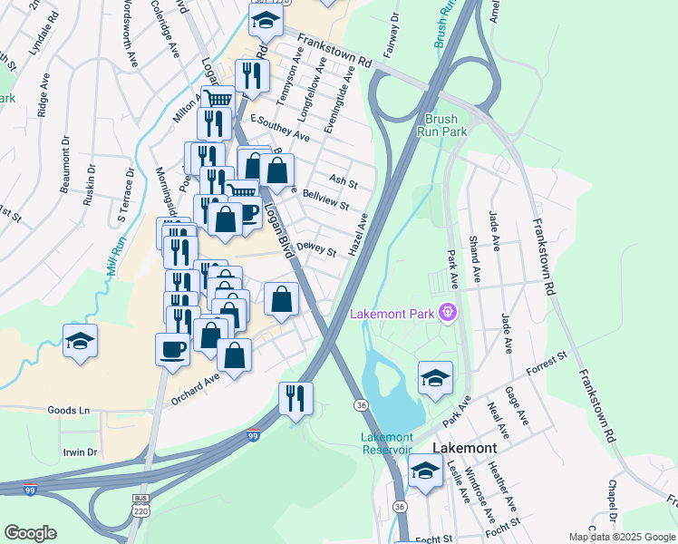 map of restaurants, bars, coffee shops, grocery stores, and more near 223-25 Calder Street in Altoona