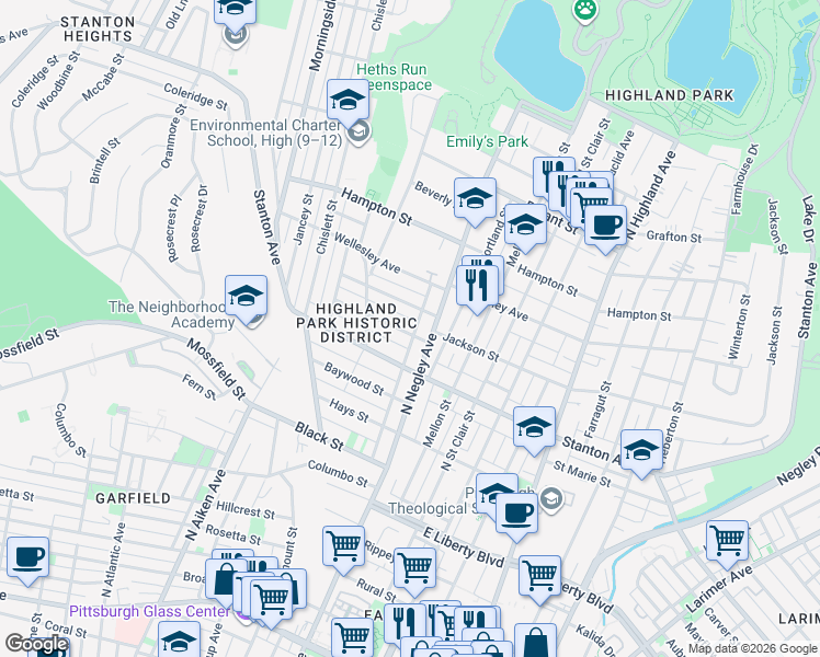 map of restaurants, bars, coffee shops, grocery stores, and more near 915 North Negley Avenue in Pittsburgh