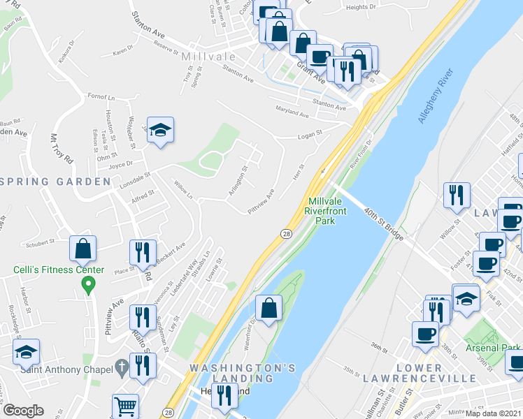 map of restaurants, bars, coffee shops, grocery stores, and more near 2307 Pittview Avenue in Pittsburgh