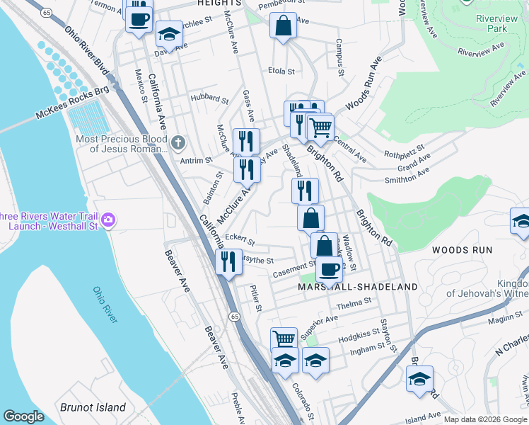 map of restaurants, bars, coffee shops, grocery stores, and more near 1452 Geyer Avenue in Pittsburgh